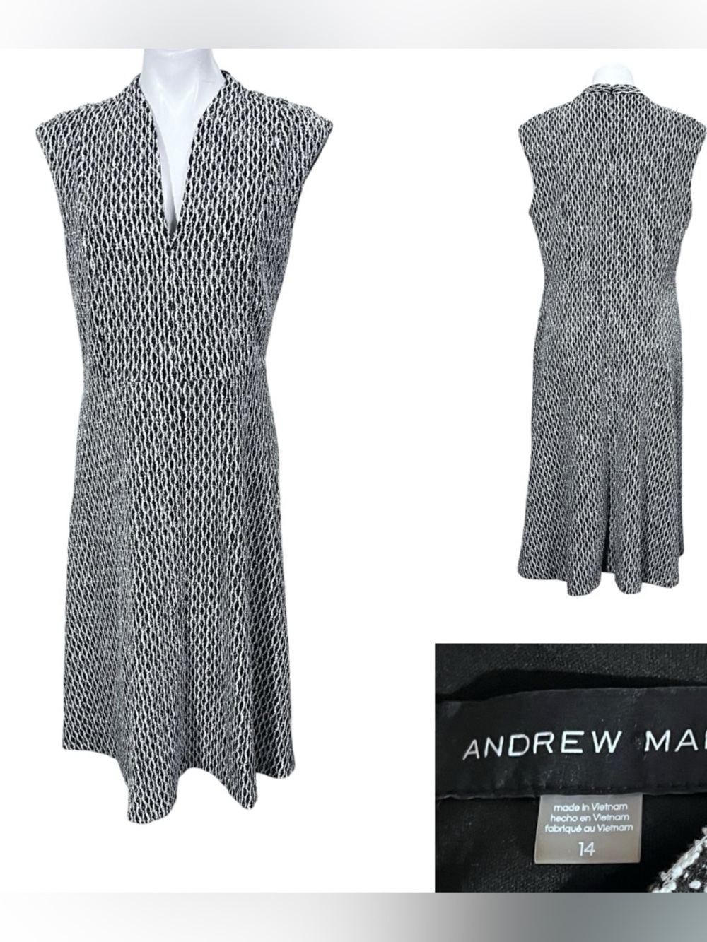 Andrew Marc Black & White Geometric Midi Dress